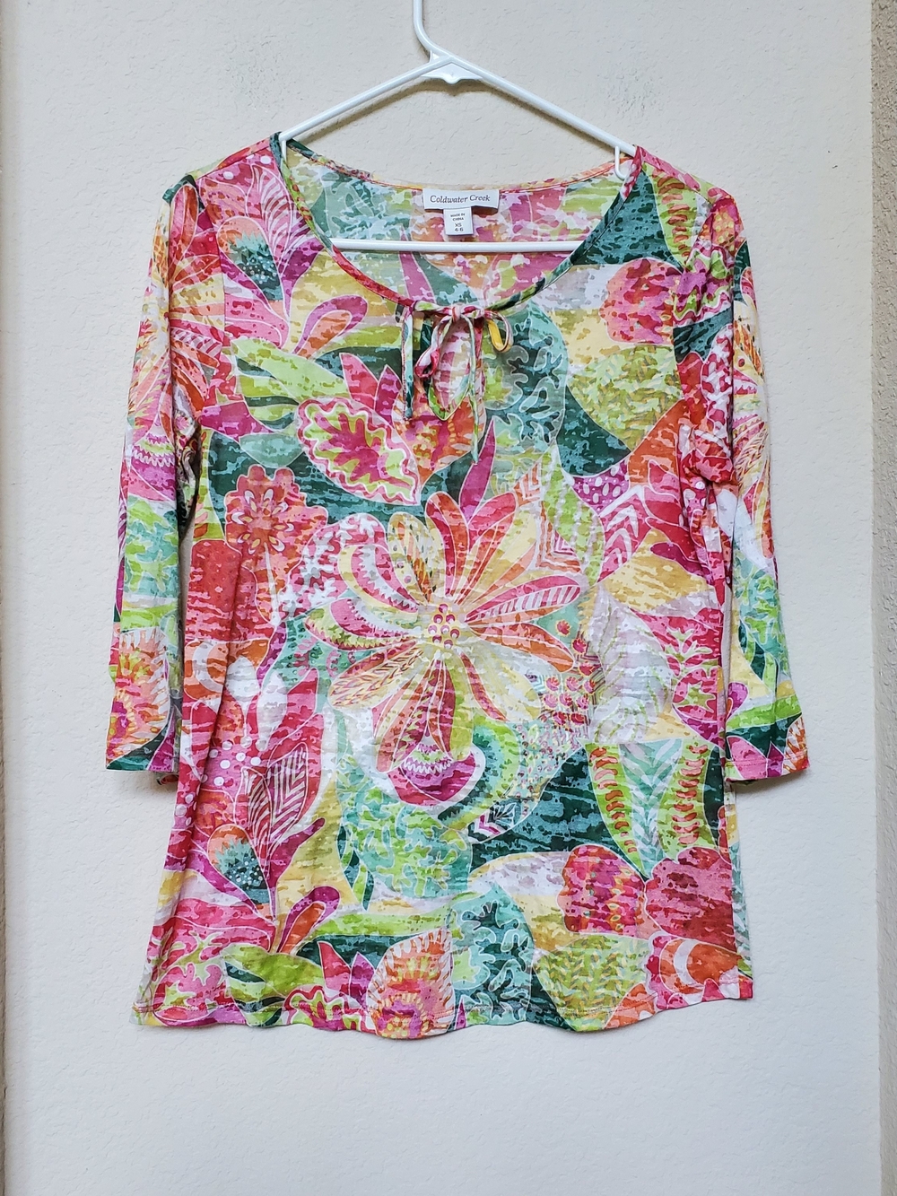 Coldwater Creek Multicolor Floral Tie-Front Burnout Blouse.  Size XS